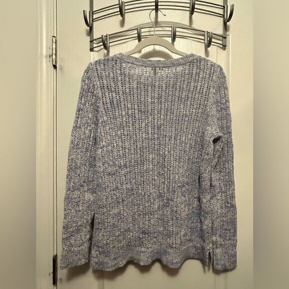 Talbots open knit chunky knit sweater women’s medium blue ivory - Picture 2 of 16